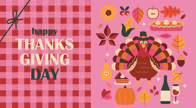 Thanksgiving bright banner with turkey in pilgrim hat, pumpkin, pie, leaves, wine and pink plaid blanket. Autumn harvest sales,Thanksgiving bounty. For promo, web, cards, flyers, posters, ad. Vector