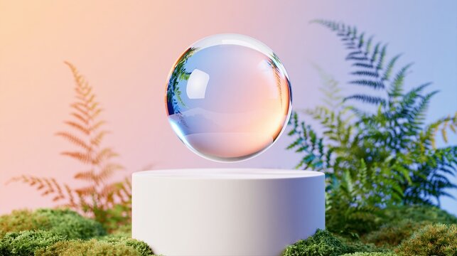 Floating bubble on white pedestal with ferns moss and glowing gradient background in 3d render