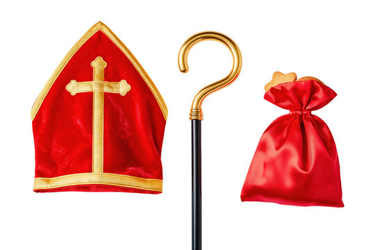 Sinterklaas red velvet mitre with gold cross golden crosier and gift bag isolated on transparent background PNG element