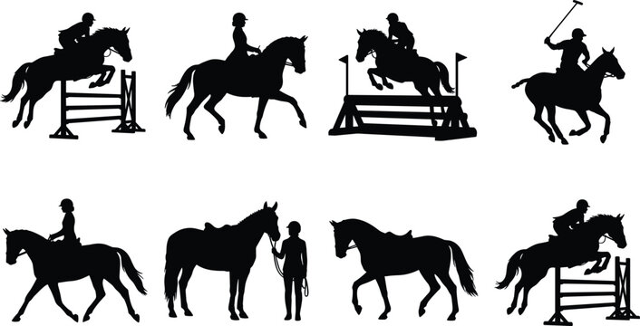 Collection of black equestrian silhouettes featuring horseback riders show jumping polo players dressage and horses in motion