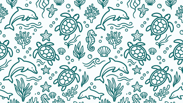 Seamless pattern featuring teal line art illustrations of marine animals including dolphins, sea turtles, seahorses, and starfish with coral and seaweed elements on a white background.
