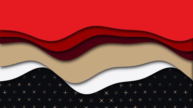 Abstract luxury papercut background with red, gold, and white topographic waves over a dark starry pattern. This seamless elegant motion graphic loop is perfect for premium video designs.