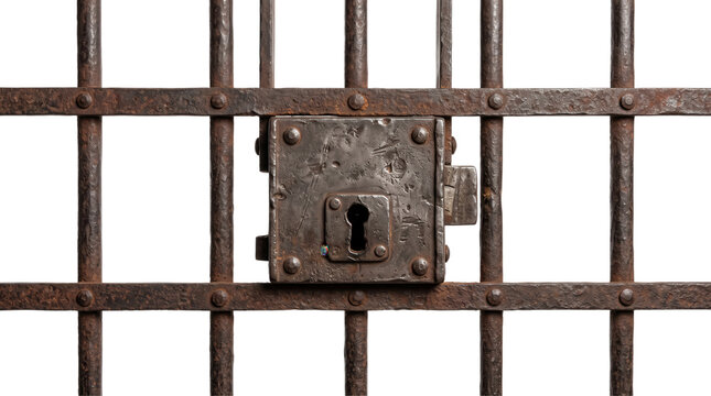 Old rusty metal padlock on iron jail bars with prison gate rusty lock security device locked door vintage lock prison cell metal texture heavy metal corroded metal as isolated PNG
