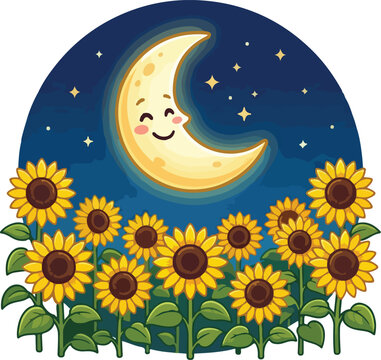 Smiling crescent moon shining over a field of sunflowers at starry night