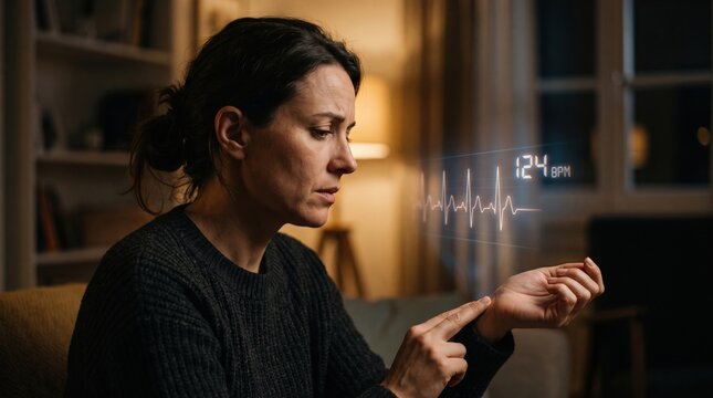 a stressed woman checking her pulse on her wrist with a digital holographic heart rate monitor interface.