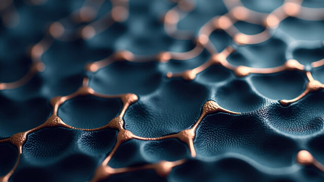 Abstract molecular network with copper metallic links and textured deep blue skin cells for medical or science visualization.