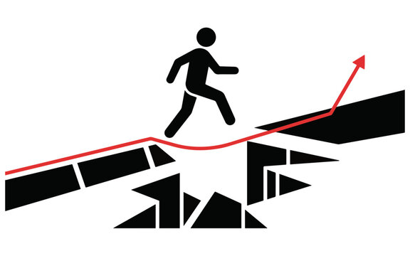 A business person jumping over a gap in a financial growth chart representing overcoming obstacles and success