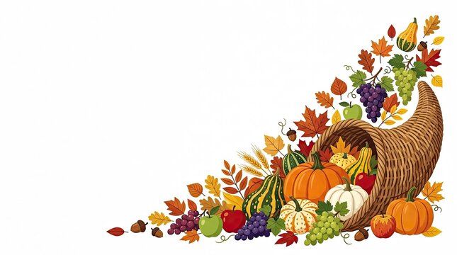 A beautiful thanksgiving cornucopia border featuring pumpkins gourds grapes and colorful autumn leaves perfect for seasonal designs