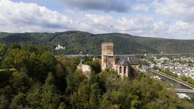 Aerial view of Lahneck Castle Above Lahnstein, Germany