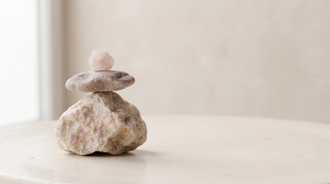 Balanced stones stacked on a smooth surface with soft natural light and copy space
