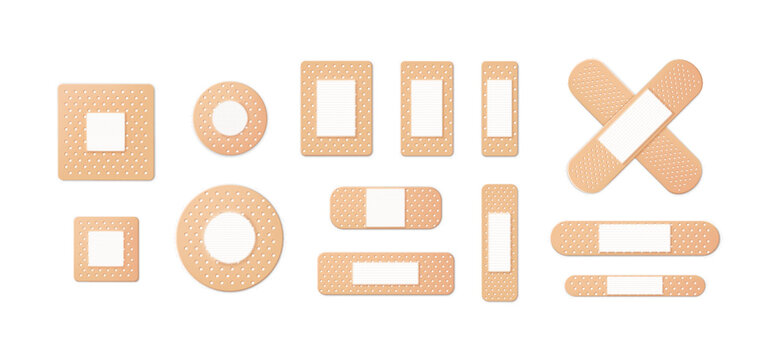 Medical patches inner surface view different shapes 3D vector set, realistic beige wound first aid adhesive plasters