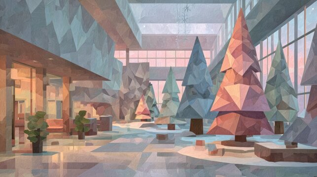 Pastel winter holiday interior featuring cubist trees and floating polygon snowflakes, creating a soft dreamy atmosphere with copy space for design