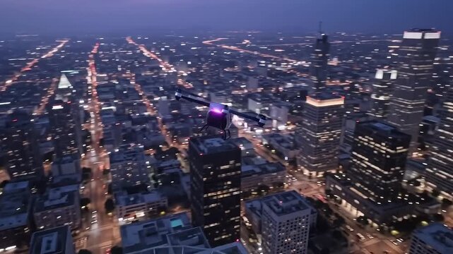 eVTOL Drone Takes Off From Rooftop Helipad Over City At Dusk