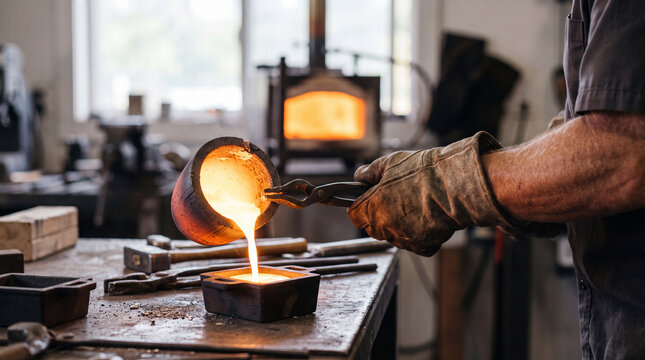 Experienced foundry worker pouring molten metal into sand mold in industrial workshop