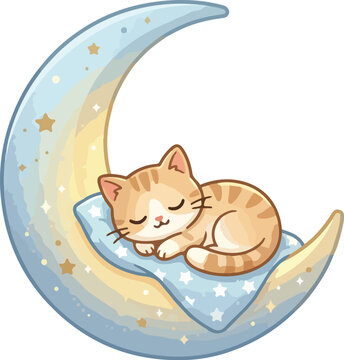 Cute cat sleeping on a crescent moon with blanket and stars