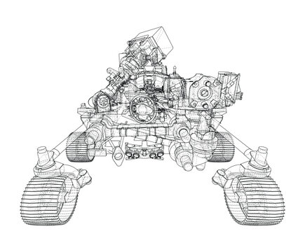 wireframe illustration of robotic rover. Vector