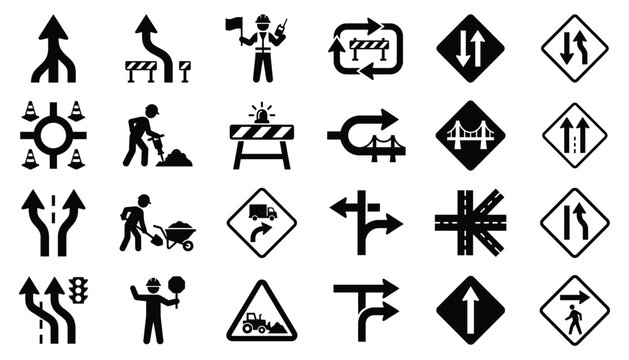 Road construction and traffic management solid black icon set featuring warning signs, directional arrows, and workers