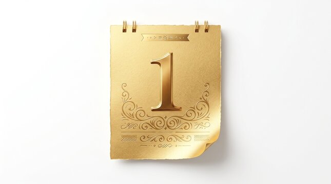 Elegant Golden Calendar Page Number One With Ornate Decorations And Spiral Binding