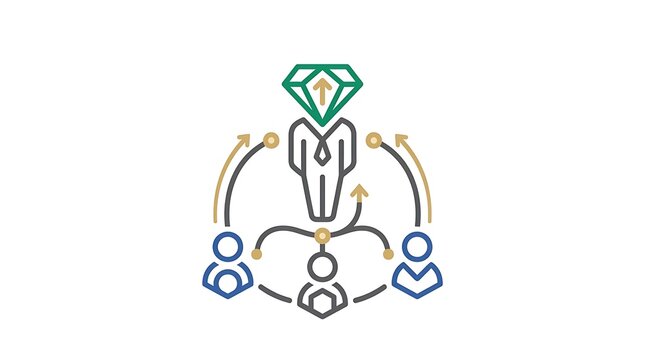 Blockchain network connecting users with upward growth gem icon illustration