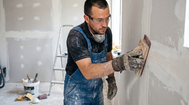 Professional construction worker plastering drywall, male contractor applying putty to wall, home renovation and interior finishing work