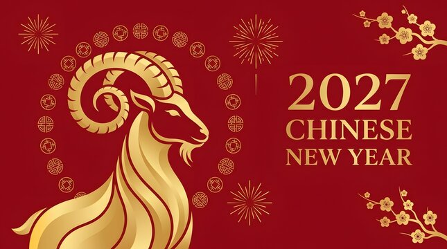2027 chinese new year greeting card with a golden goat zodiac sign, traditional patterns, and floral decorations on a red background