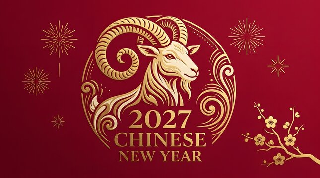 2027 chinese new year greeting card design with a golden goat illustration, decorative swirls, and festive fireworks on a red background