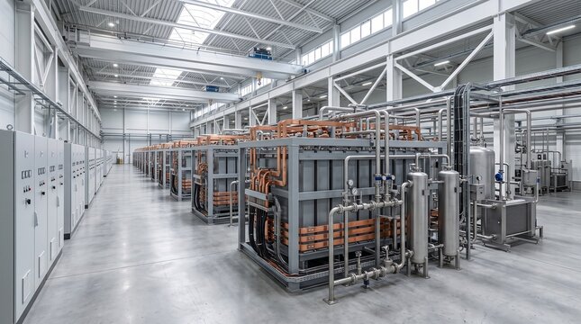 Electrolyzer Factory Floor With Stack Modules And A Crane