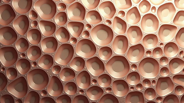 Porous rose gold metal foam texture with multiple circle openings.