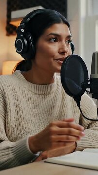 Vertical video: Recording host speaking into mic at desk for podcast, checking audio cue, beige top