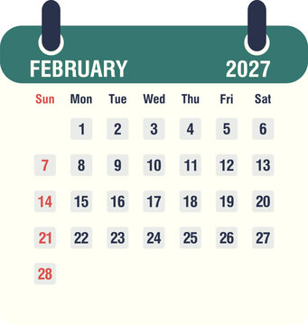 February 2027 monthly calendar icon, flat style vector illustration