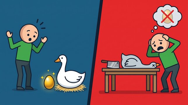 Goose that laid the golden egg fable illustration, greedy man killing the golden goose metaphor, financial mistake and lost opportunity concept