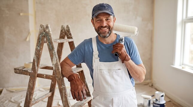 Professional house painter in white overalls holding paint roller, smiling decorator standing by wooden ladder, home renovation and interior improvement