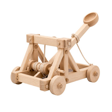 Handcrafted wooden toy catapult with rope winch and wheels isolated on transparent background PNG element