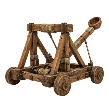 Wooden medieval catapult with rope winding mechanism and metal brackets isolated on transparent background PNG element