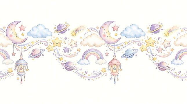 Whimsical celestial border with moons rainbows planets and hanging lanterns in pastel watercolor style
