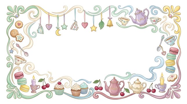 Whimsical decorative border with tea set, pastries, and holiday ornaments illustration