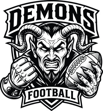 Demons Football Mascot Vector Logo of Horned Devil Holding Ball for Sports Team Tournament Emblem