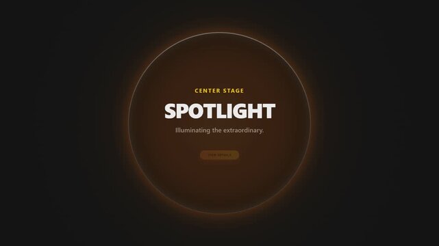 Glowing orange spotlight circle with center stage text on dark background, illuminated round design with warm light effect and view details button creating a dramatic modern promotional visual