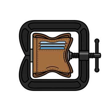 Brown wallet with cards clamped in a black vise.