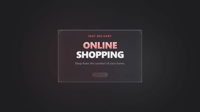 Online shopping promotional card with fast delivery message, glowing rectangular frame, dark background, centered typography, warm light accents, and view more button for digital retail promotion
