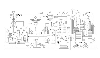 Fototapeta premium Smart City Infrastructure with 5G Network Internet of Things and Autonomous Transportation Line Art Vector Illustration