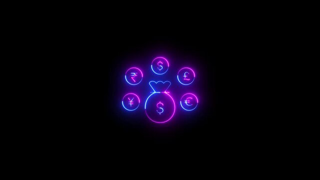 Neon glowing currency symbol. Dollar euro yen yuan pound rupee sign video animation. Neon glowing Global currency symbols animation. Neon lighting Currency symbol dollar euro pound yen rupee.
