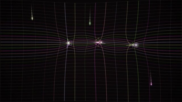 Glowing light trails form a looping grid pattern on a dark background