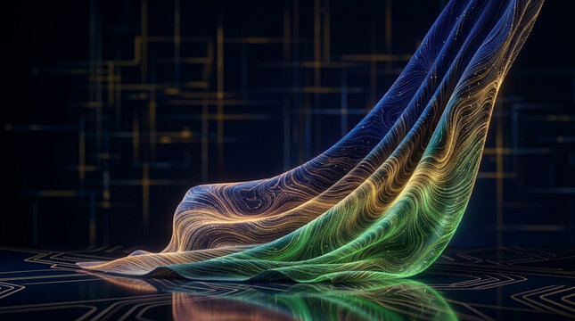 Abstract liquid flow visualization with gradient lighting in dark studio setting for scientific presentations