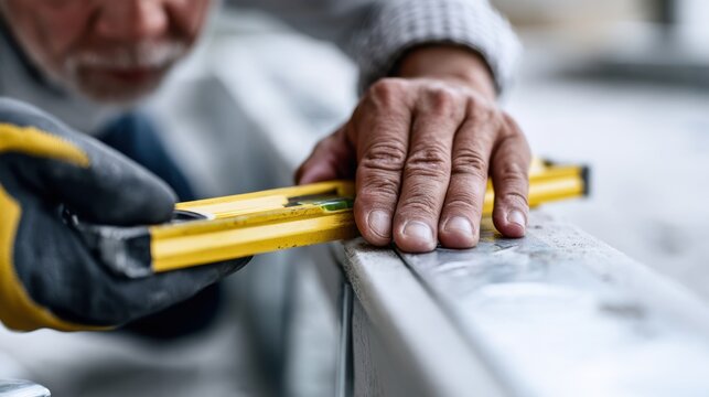 Close-up of a craftsman using a spirit level to measure accuracy, highlighting precision and skill in their work