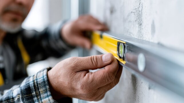 A construction worker carefully uses a spirit level to ensure a surface is perfectly horizontal. The worker's hands are steady, focusing on precision and accuracy in the building process