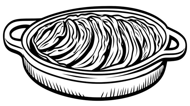Hand drawn sketch of ratatouille vegetable casserole in a baking dish isolated on transparent background PNG cutout