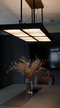Vertical video: Tilting camera showing vase at center with twigs in meeting area, casting lamp glow