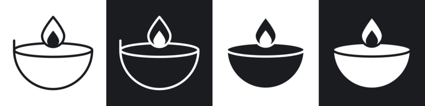 Diwali icons in flat and outlined black and white colors collection