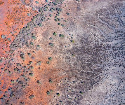 Aerial view of the Australian outback showing a distinct transition between vibrant red earth and arid pale soil with scattered desert shrubs and dry vegetation in Australia.